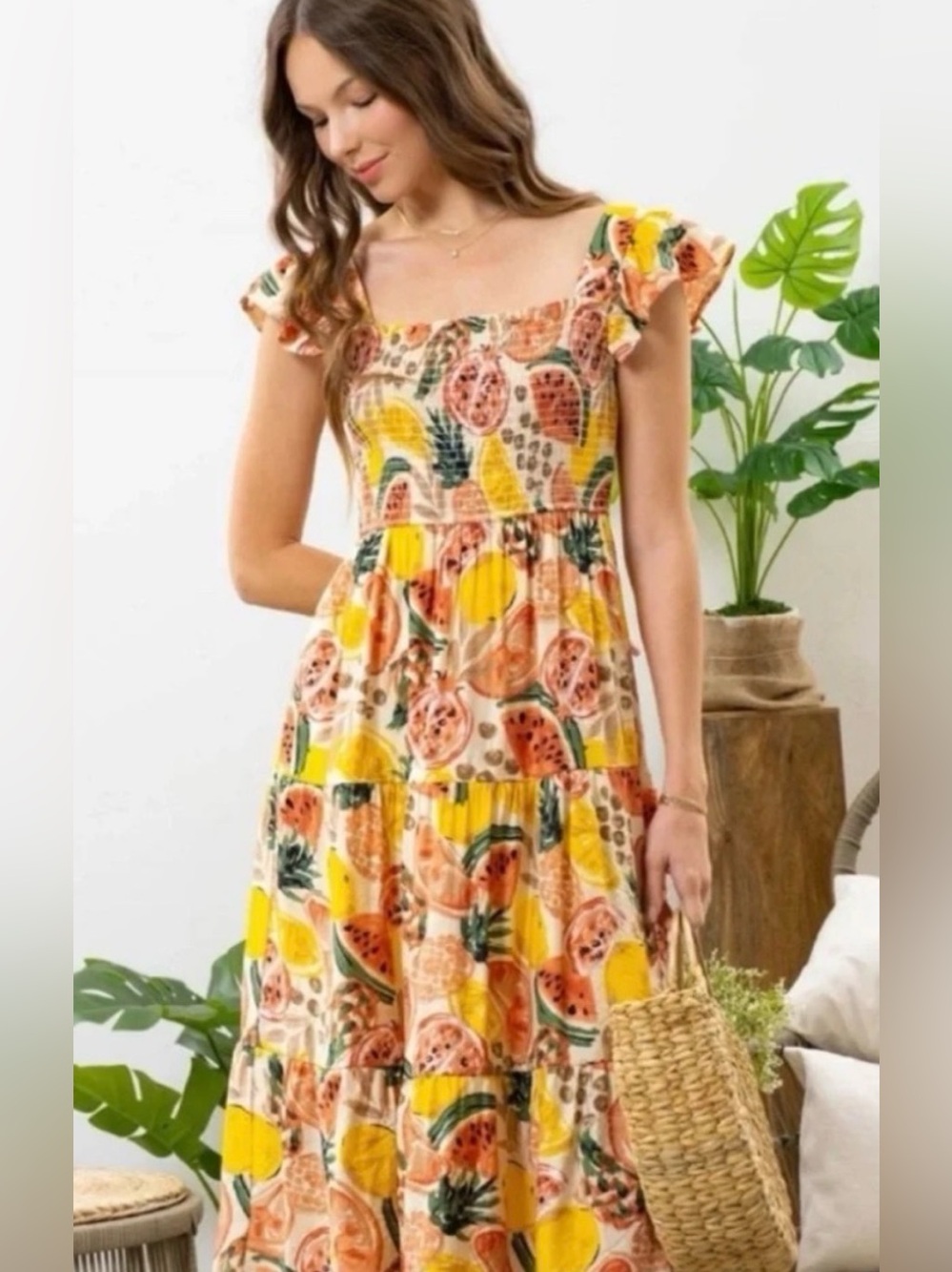By The River Fruit-Print Smocked Midi Dress in Yellow & Pink